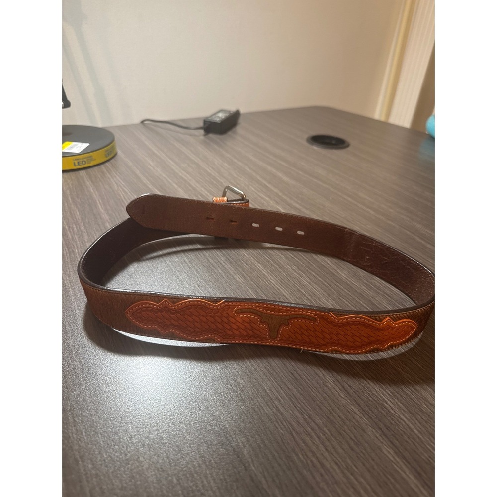 Ranger Belt Company Hand Tooled Leather Western Longhorn Belt Brown Tan 30